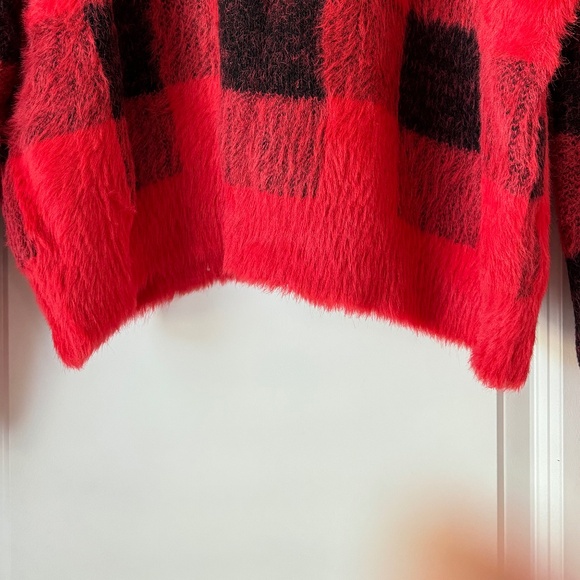 Express Sweaters | Red And Black Checkered Fuzzy Sweater | Size: L - Picture 3 of 3